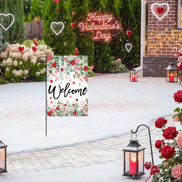Welcome Valentines Day Garden Flags, 12x18 Inch 1-Side Watercolor Lovely Flowers Small Seasonal Decoration