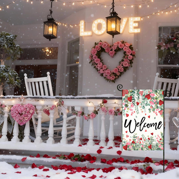Welcome Valentines Day Garden Flags, 12x18 Inch 1-Side Watercolor Lovely Flowers Small Seasonal Decoration