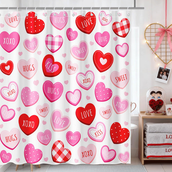 Valentines Shower Curtain 70.8"Cute Love Pink Hearts  Romantic Shower Curtain for Valentines Day Decorations