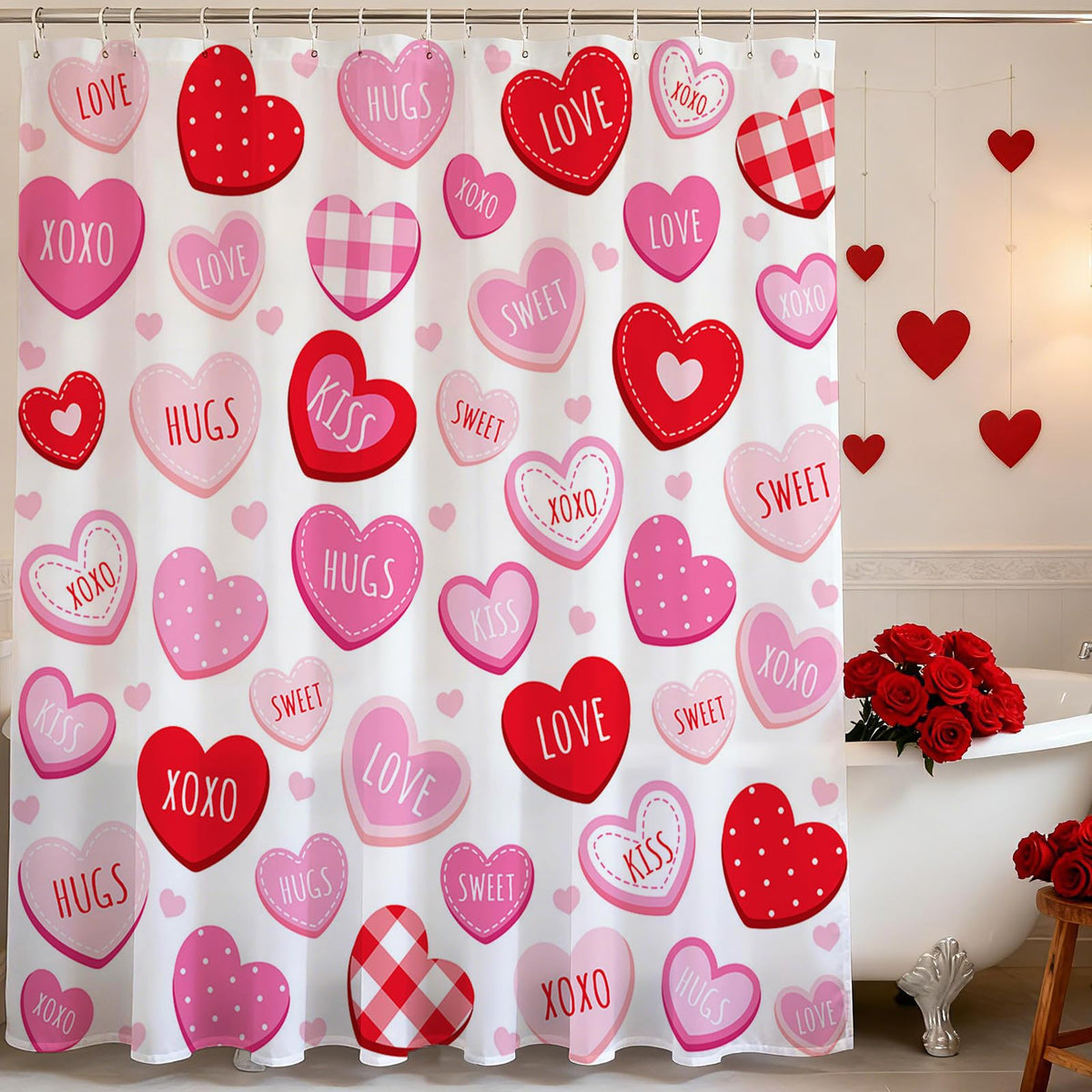 Valentines Shower Curtain 70.8"Cute Love Pink Hearts  Romantic Shower Curtain for Valentines Day Decorations