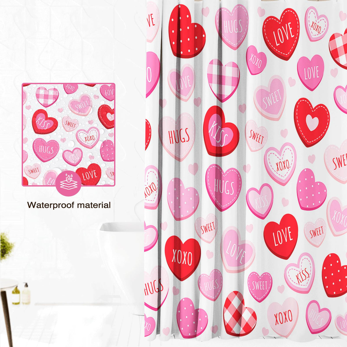 Valentines Shower Curtain 70.8"Cute Love Pink Hearts  Romantic Shower Curtain for Valentines Day Decorations