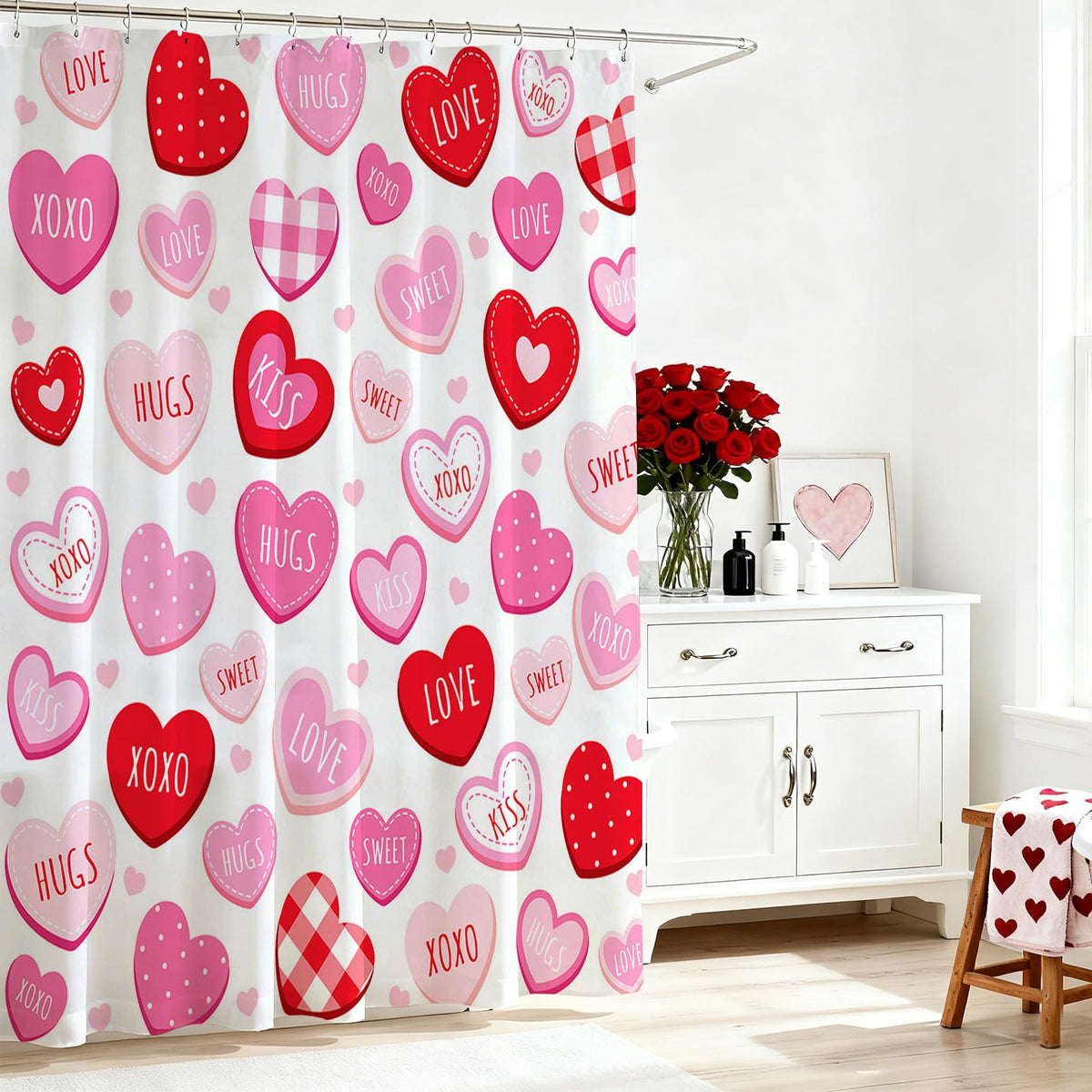 Valentines Shower Curtain 70.8"Cute Love Pink Hearts  Romantic Shower Curtain for Valentines Day Decorations