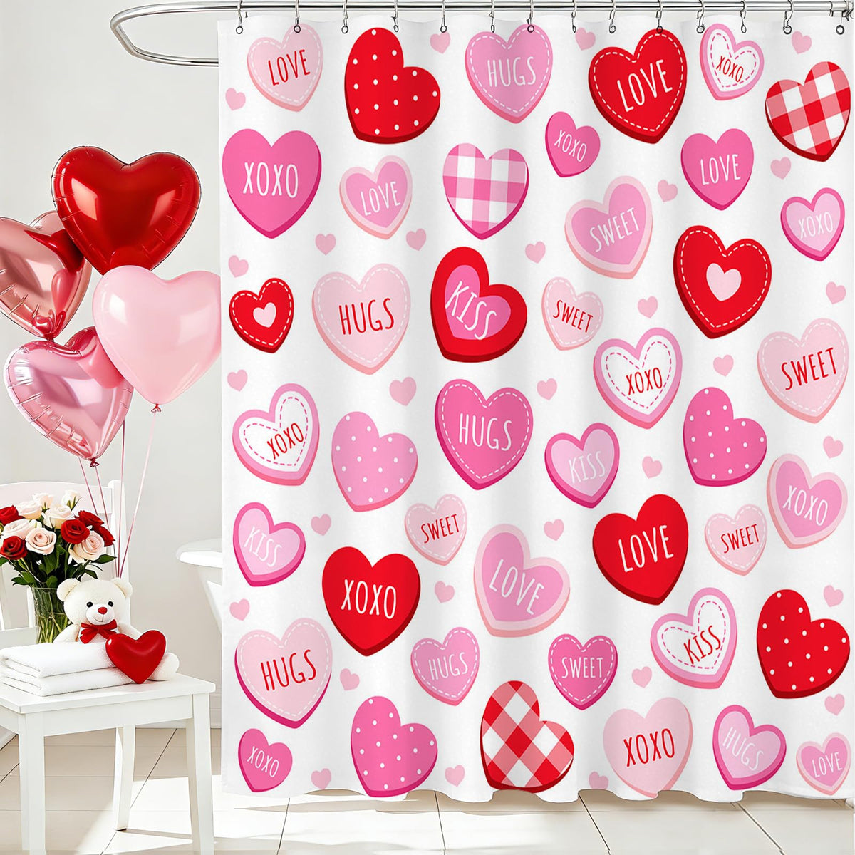 Valentines Shower Curtain 70.8"Cute Love Pink Hearts  Romantic Shower Curtain for Valentines Day Decorations