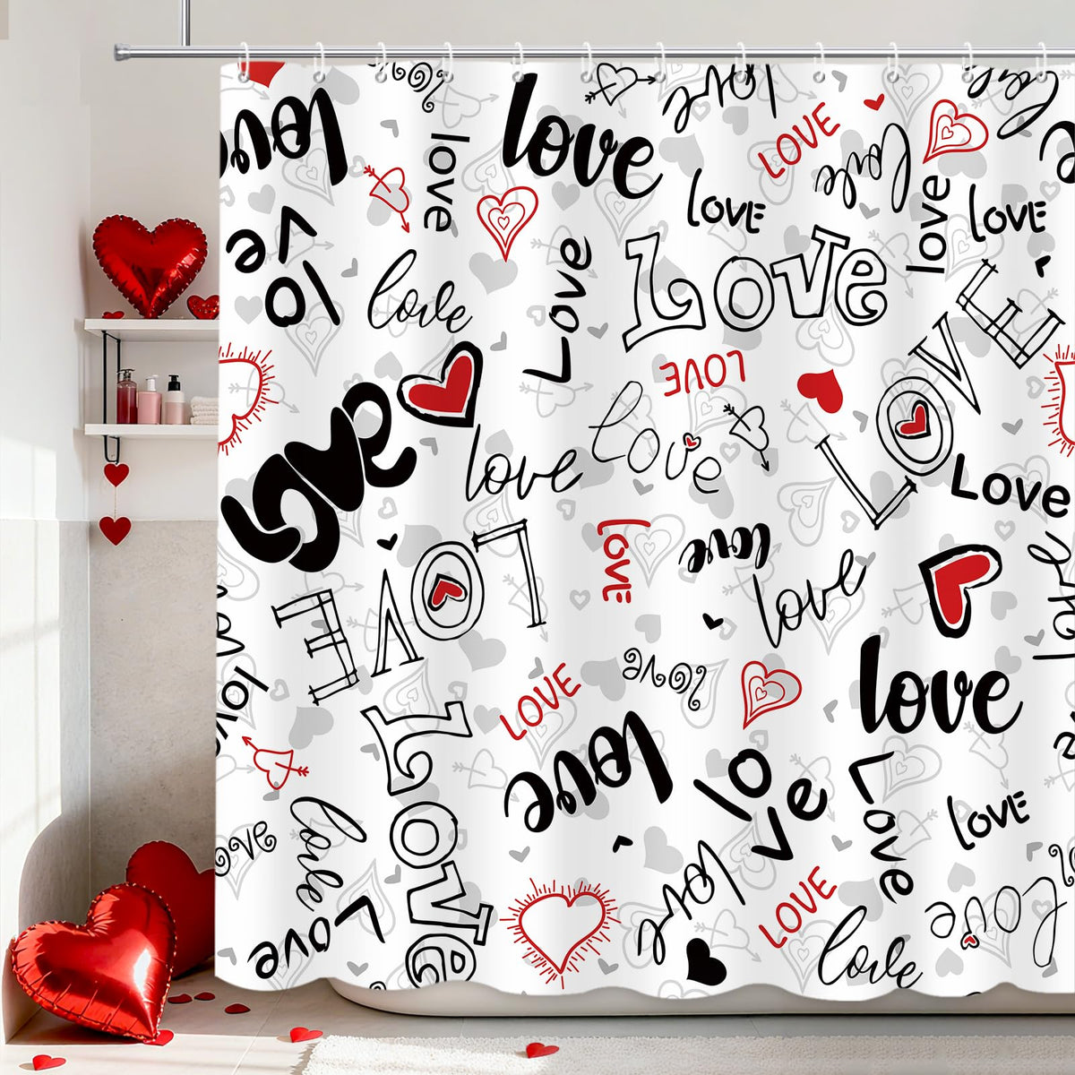 Valentines Shower Curtain, 70.8"Valentine's Love Heart Shower Curtain Black and White Bathroom Decor