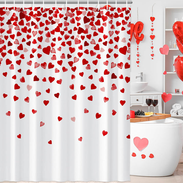 70.8"x70.8" Valentines Day Shower Curtain with Pink and Red Love Heart Romantic Bathroom Curtain