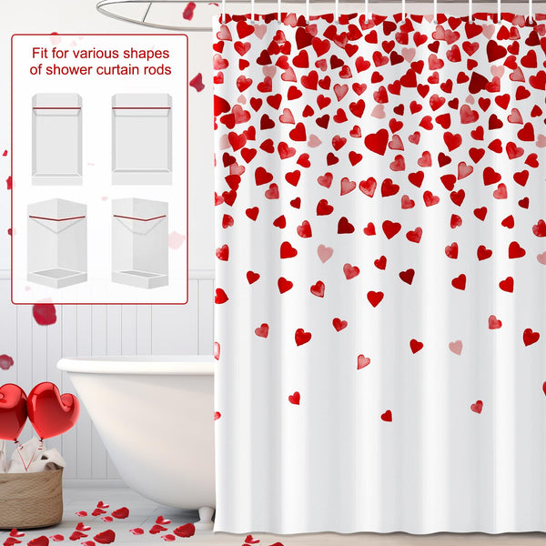 70.8"x70.8" Valentines Day Shower Curtain with Pink and Red Love Heart Romantic Bathroom Curtain