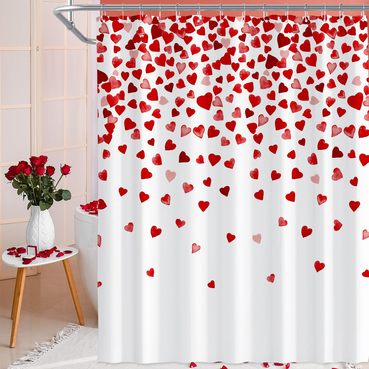 70.8"x70.8" Valentines Day Shower Curtain with Pink and Red Love Heart Romantic Bathroom Curtain