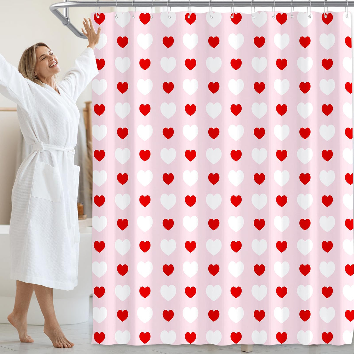70.8"x70.8" Valentines Shower Curtain Red and White Love Heart Theme Romantic Bathroom Curtain