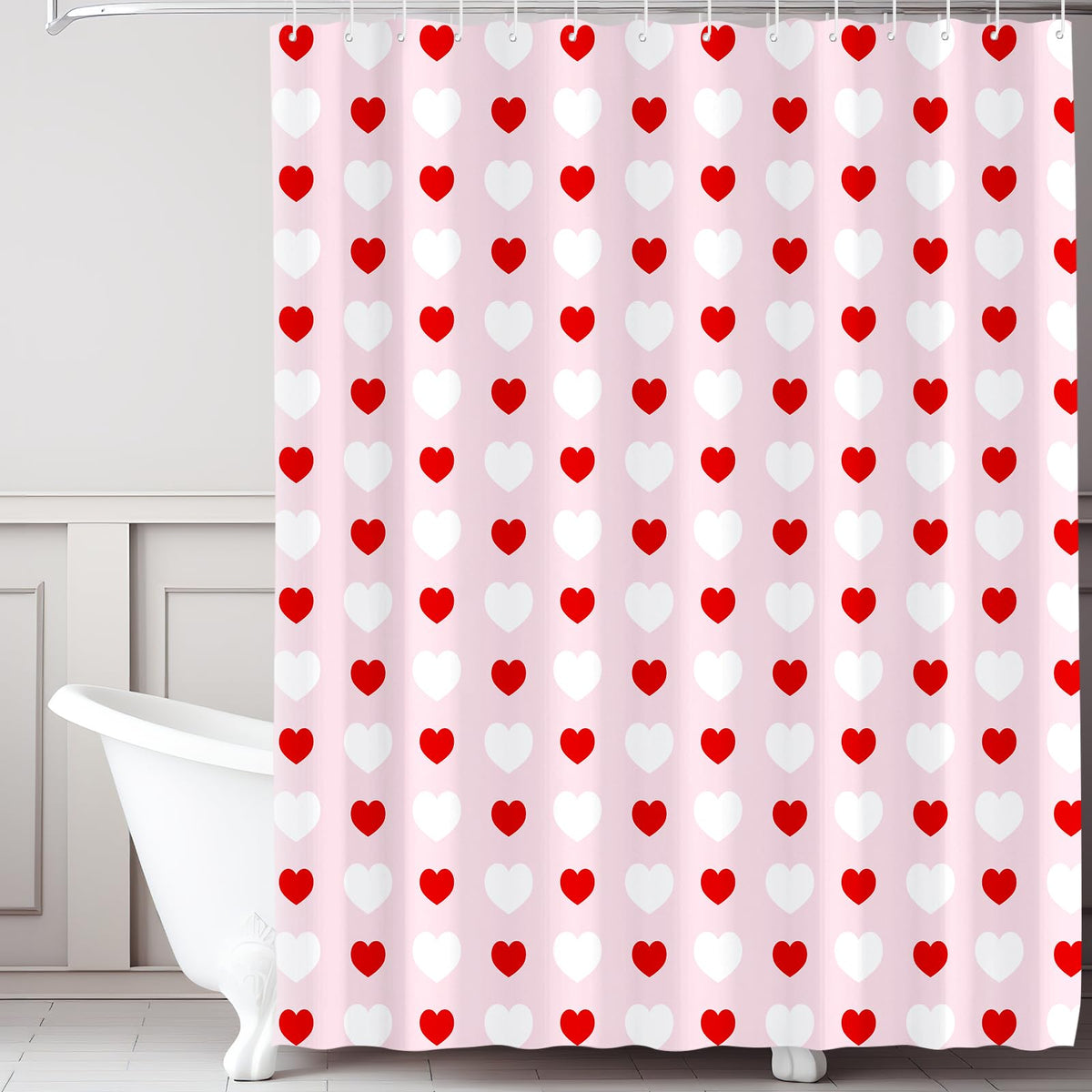 70.8"x70.8" Valentines Shower Curtain Red and White Love Heart Theme Romantic Bathroom Curtain