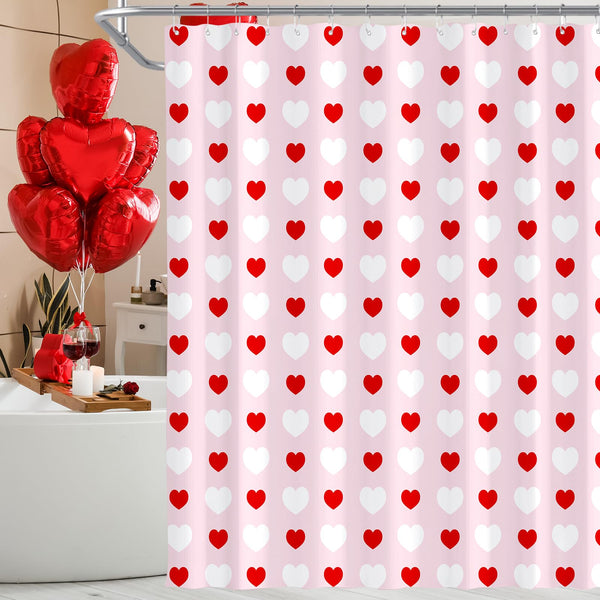 70.8"x70.8" Valentines Shower Curtain Red and White Love Heart Theme Romantic Bathroom Curtain