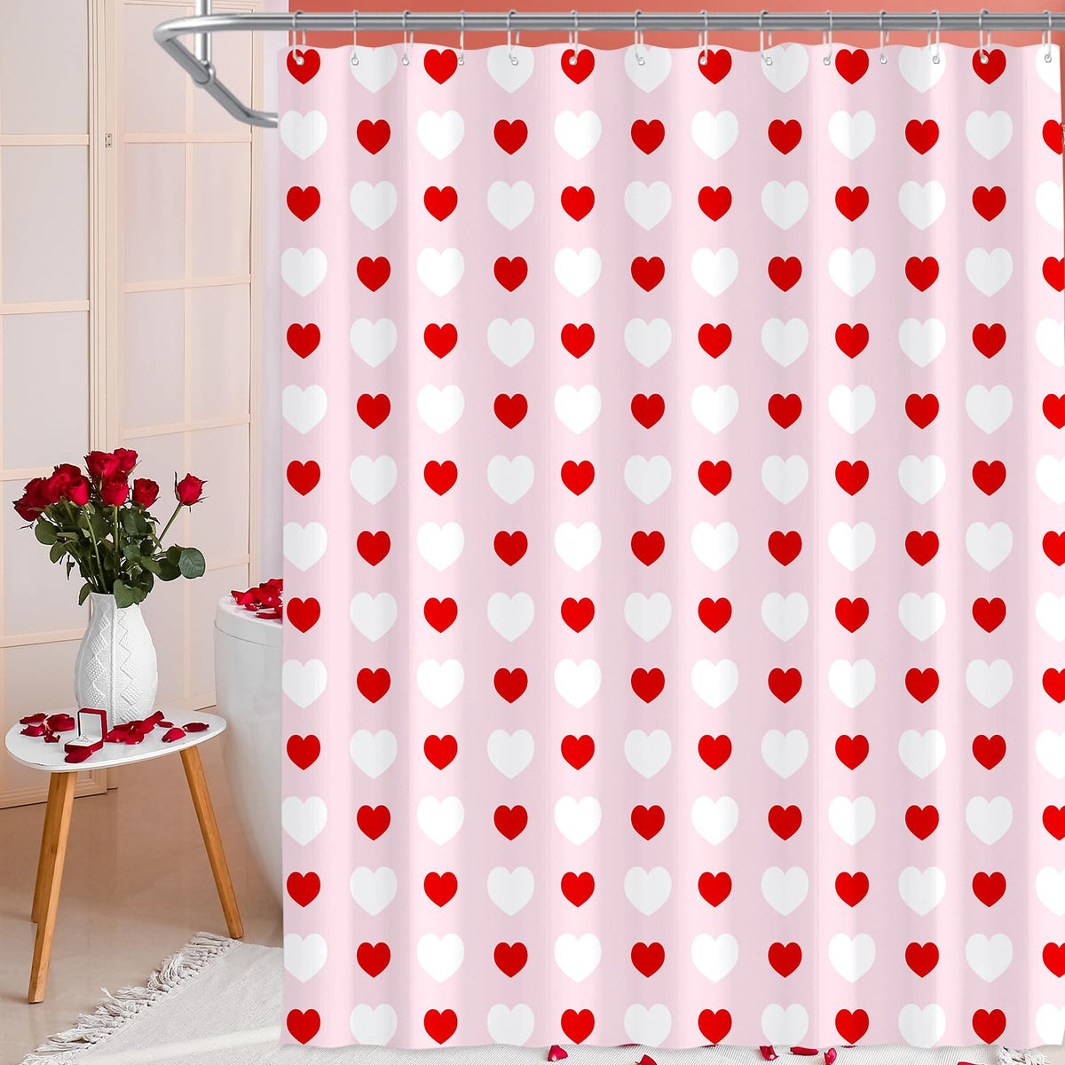 70.8"x70.8" Valentines Shower Curtain Red and White Love Heart Theme Romantic Bathroom Curtain