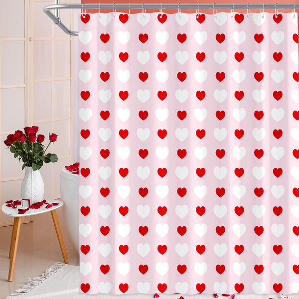 70.8"x70.8" Valentines Shower Curtain Red and White Love Heart Theme Romantic Bathroom Curtain