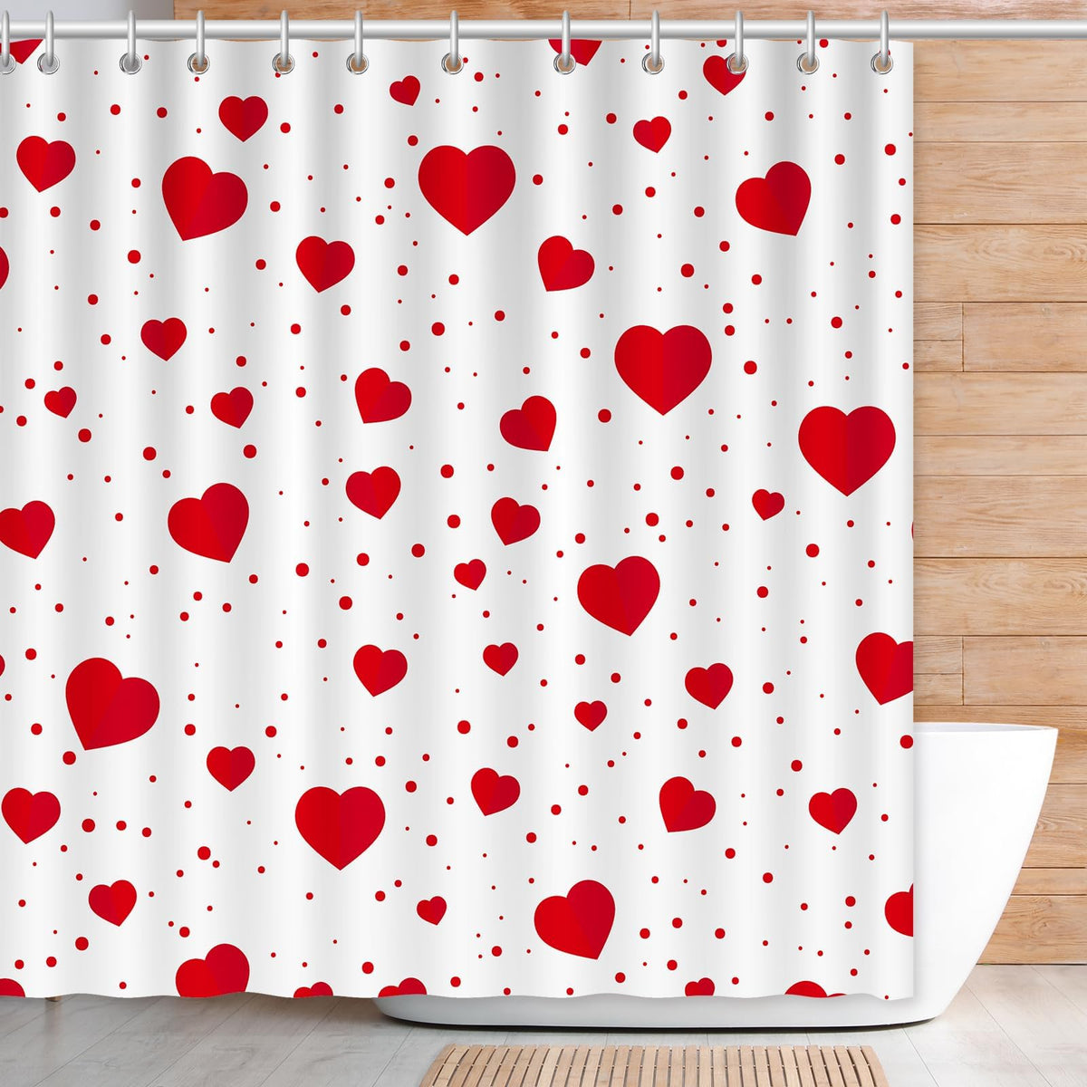 70.8"x70.8" Valentine's Shower Curtain with 12pcs Hooks, Red Hearts Day Shower Curtain for Valentine
