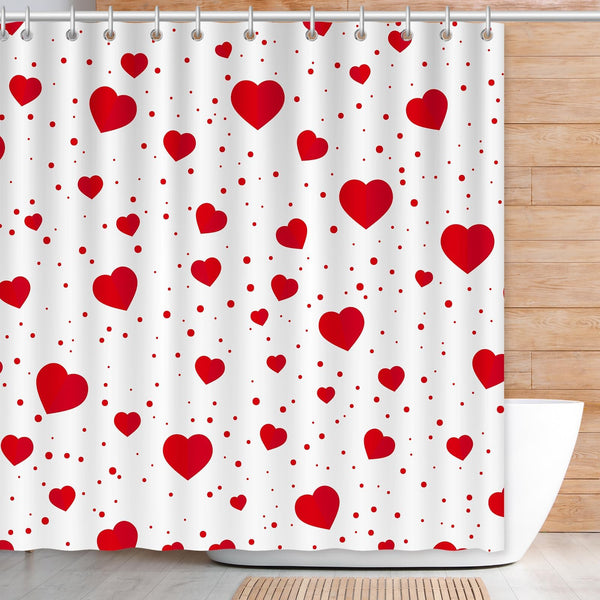 70.8"x70.8" Valentine's Shower Curtain with 12pcs Hooks, Red Hearts Day Shower Curtain for Valentine