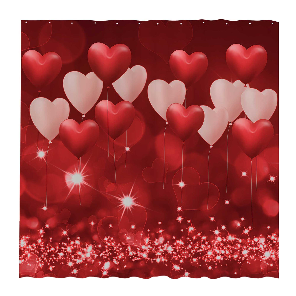 70.8"Valentines Love Theme Waterproof Polyester Shower Curtain, Red Hearts Balloons Decoration