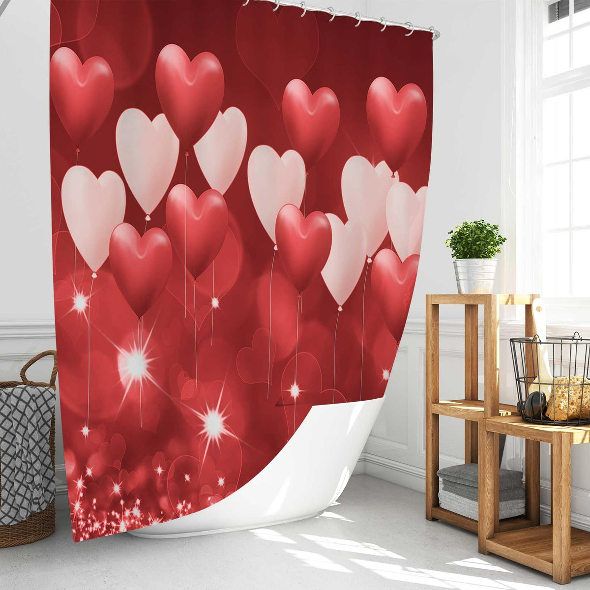 70.8"Valentines Love Theme Waterproof Polyester Shower Curtain, Red Hearts Balloons Decoration