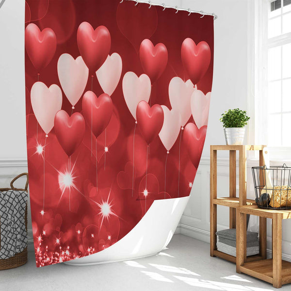 70.8"Valentines Love Theme Waterproof Polyester Shower Curtain, Red Hearts Balloons Decoration