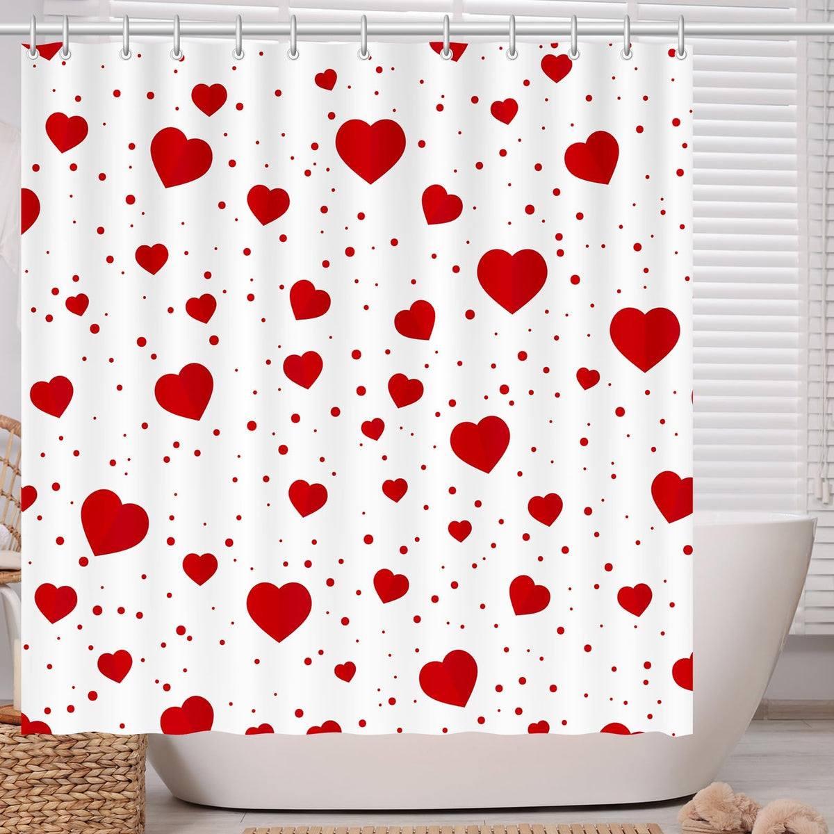70.8"x70.8" Valentine's Shower Curtain with 12pcs Hooks, Red Hearts Day Shower Curtain for Valentine