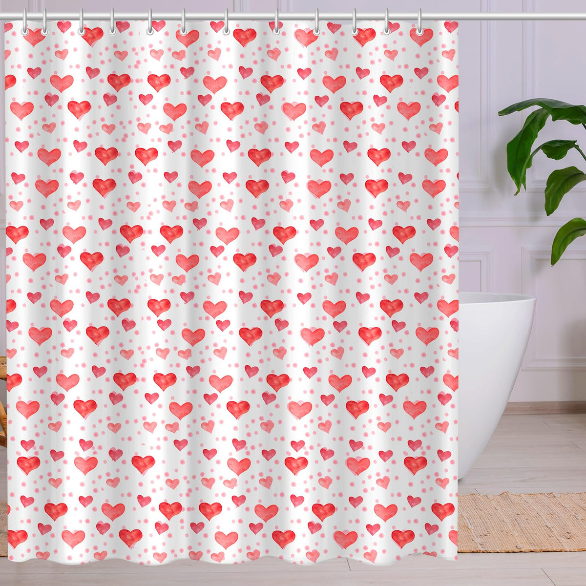 70.8"x70.8" Valentine's Shower Curtain with 12pcs Hooks, Red Hearts Day Shower Curtain for Valentine Bathroom