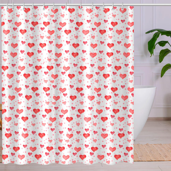70.8"x70.8" Valentine's Shower Curtain with 12pcs Hooks, Red Hearts Day Shower Curtain for Valentine Bathroom