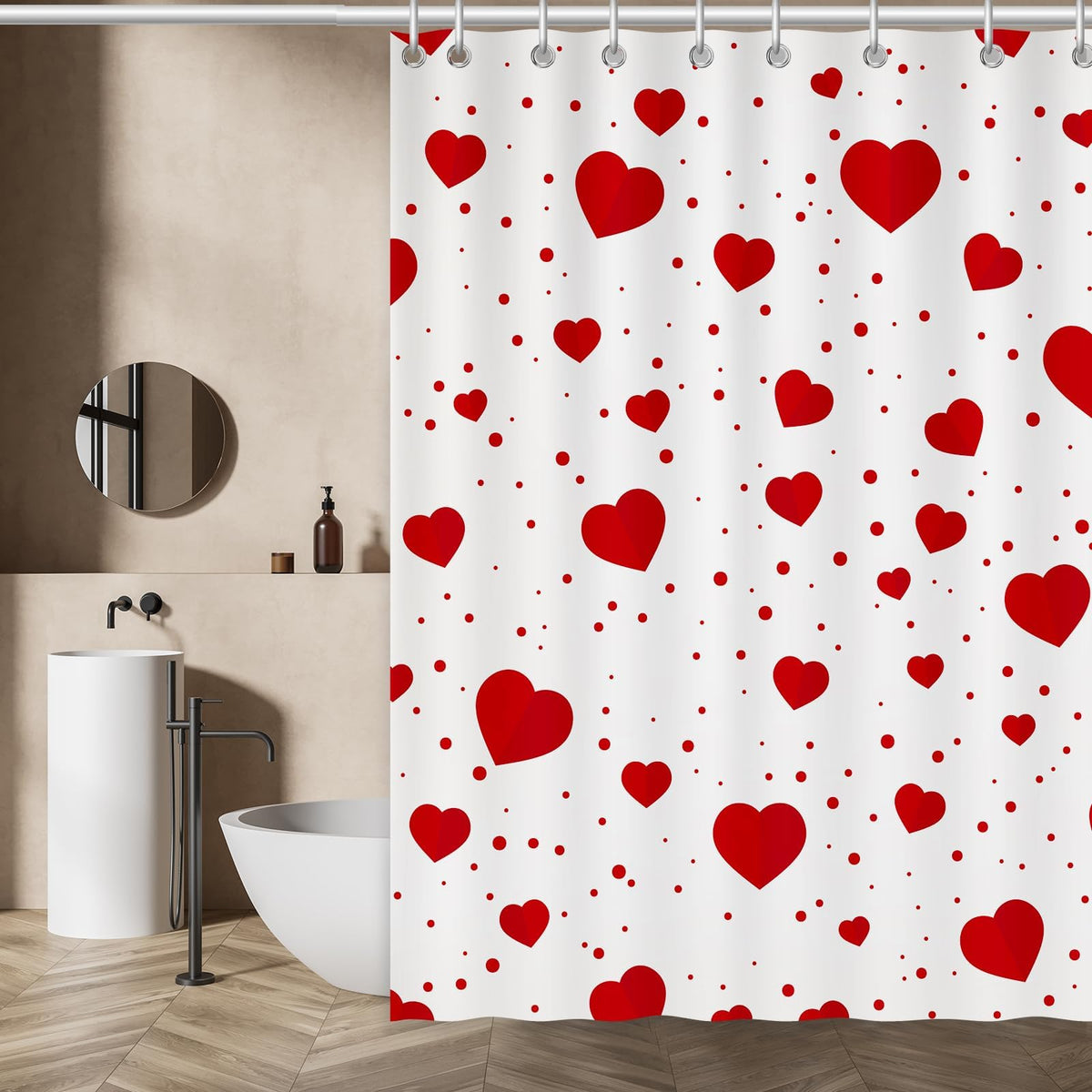 70.8"x70.8" Valentine's Shower Curtain with 12pcs Hooks, Red Hearts Day Shower Curtain for Valentine