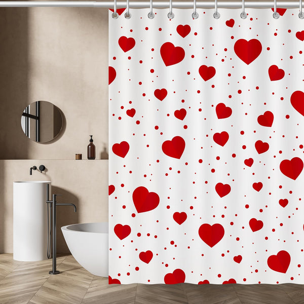 70.8"x70.8" Valentine's Shower Curtain with 12pcs Hooks, Red Hearts Day Shower Curtain for Valentine
