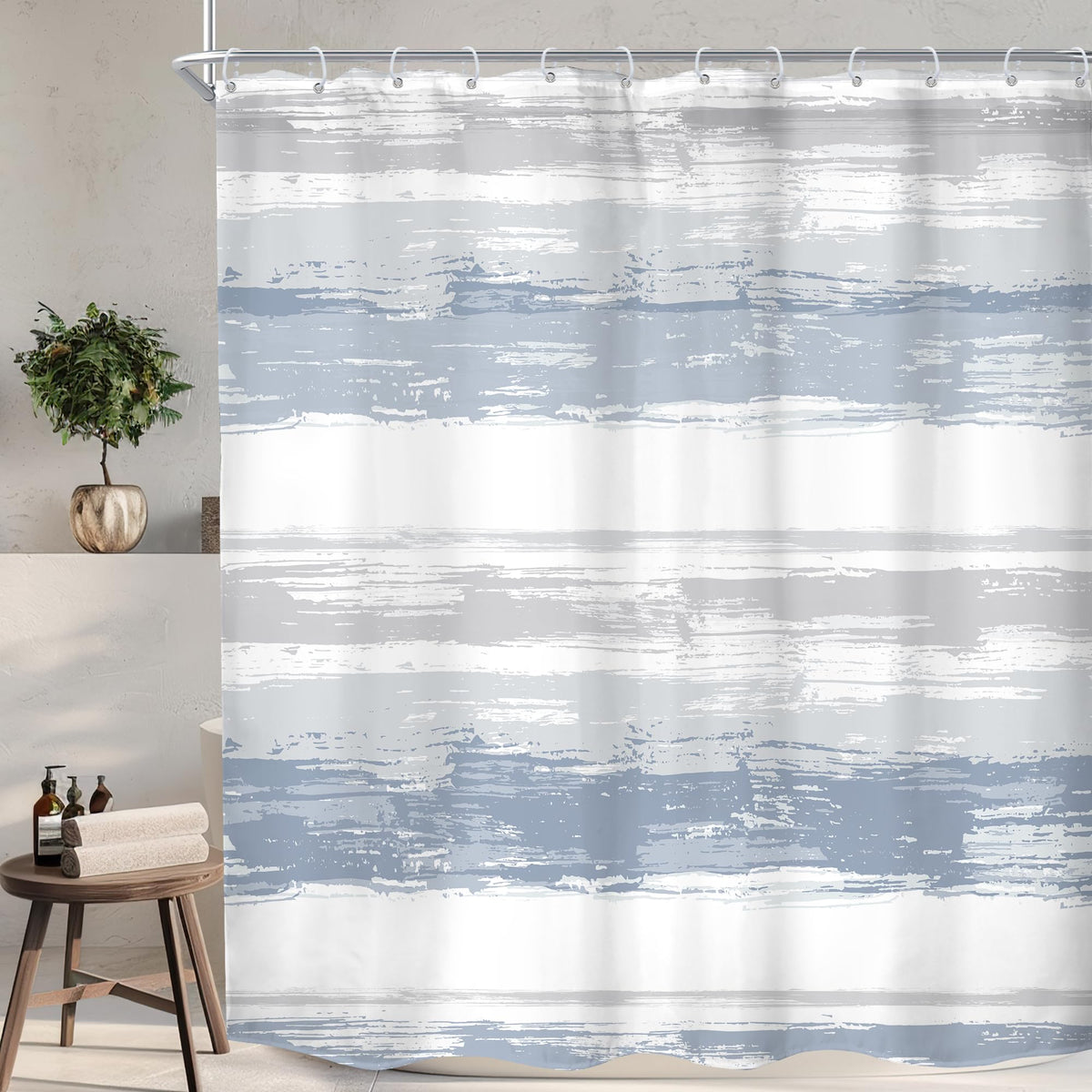 Abstract Blue Shower Curtain for Bathroom Decor 70.8" Modern White Grey Striped Aesthetic Minimalist