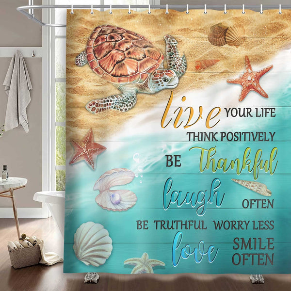 Beach Shower Curtain, 70.8" Sea Turtle Coastal Ocean Fish Rustic Vintage Waterproof Polyester