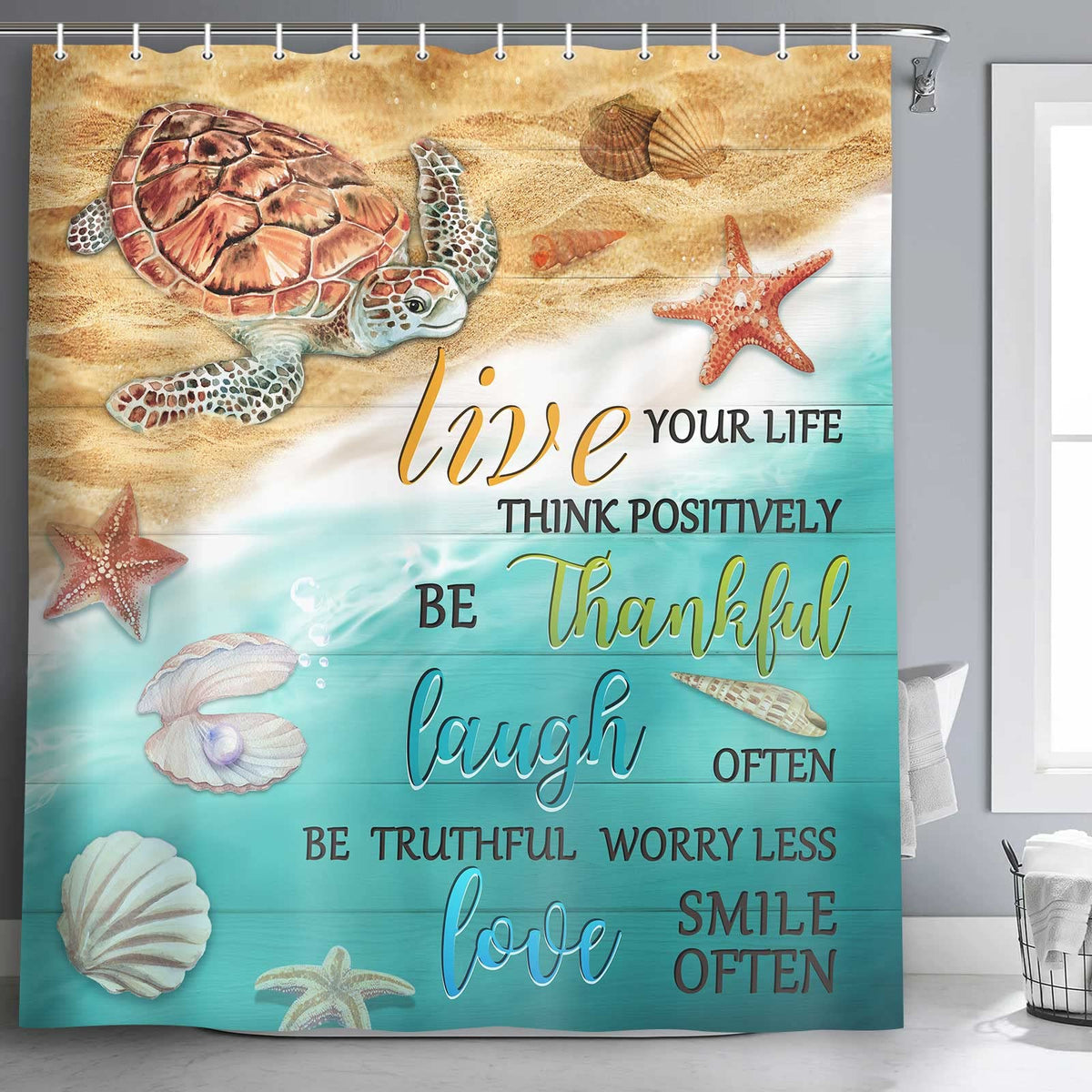 Beach Shower Curtain, 70.8" Sea Turtle Coastal Ocean Fish Rustic Vintage Waterproof Polyester