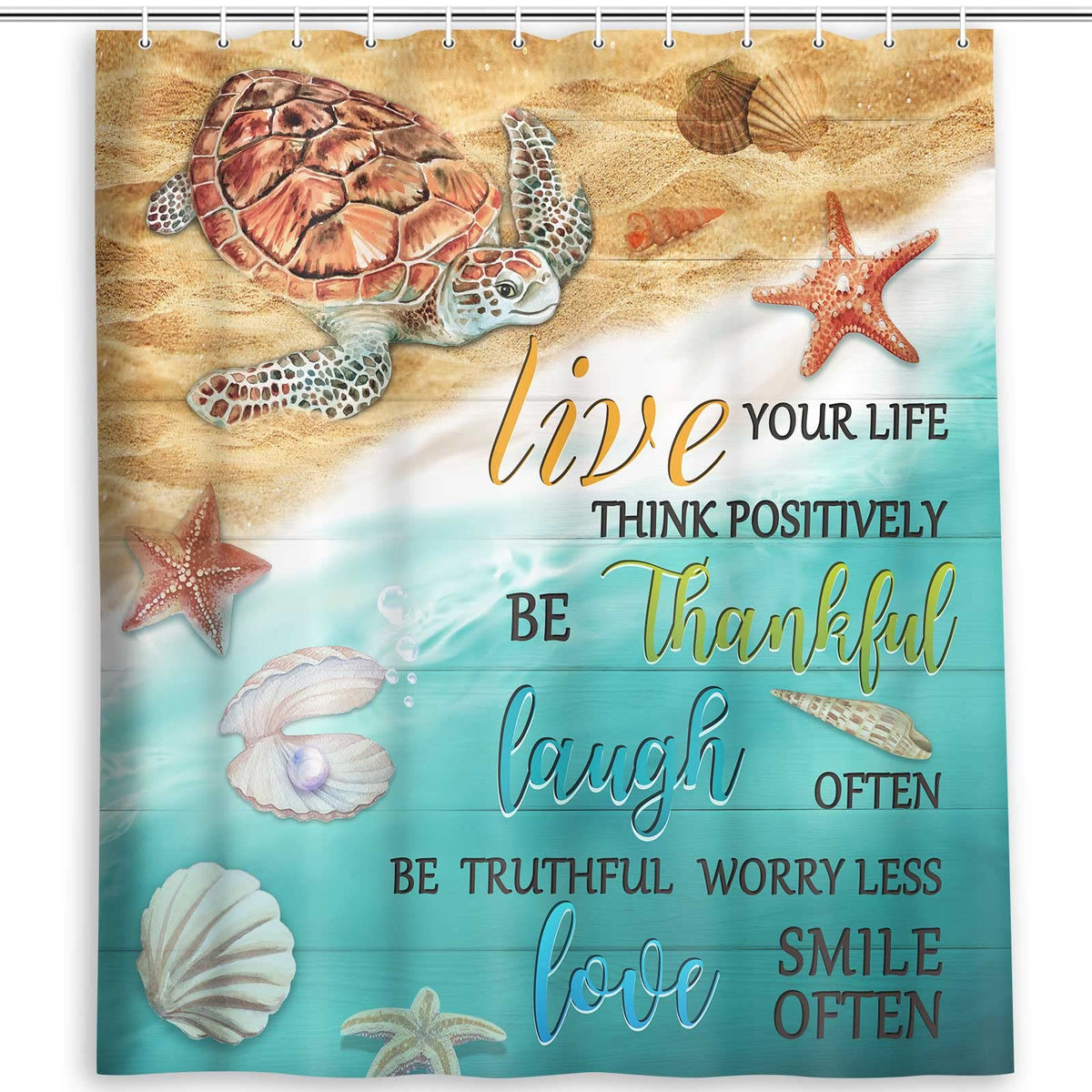 Beach Shower Curtain, 70.8" Sea Turtle Coastal Ocean Fish Rustic Vintage Waterproof Polyester