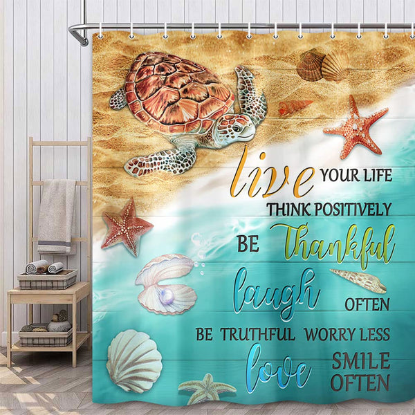 Beach Shower Curtain, 70.8" Sea Turtle Coastal Ocean Fish Rustic Vintage Waterproof Polyester