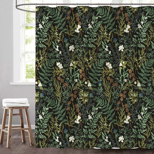 Black Green Vintage Shower Curtain 70.8"NatureFloral Herbs and Botanical Plants Cottagecore Bathroom Decor