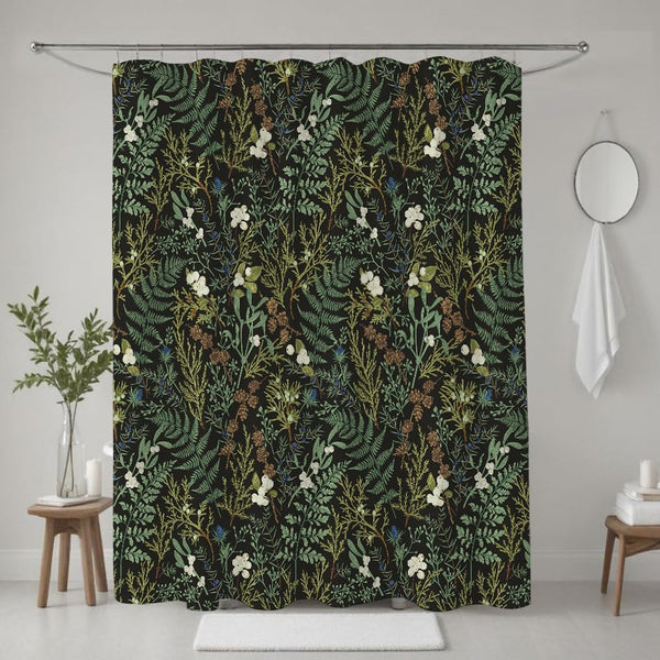 Black Green Vintage Shower Curtain 70.8"NatureFloral Herbs and Botanical Plants Cottagecore Bathroom Decor