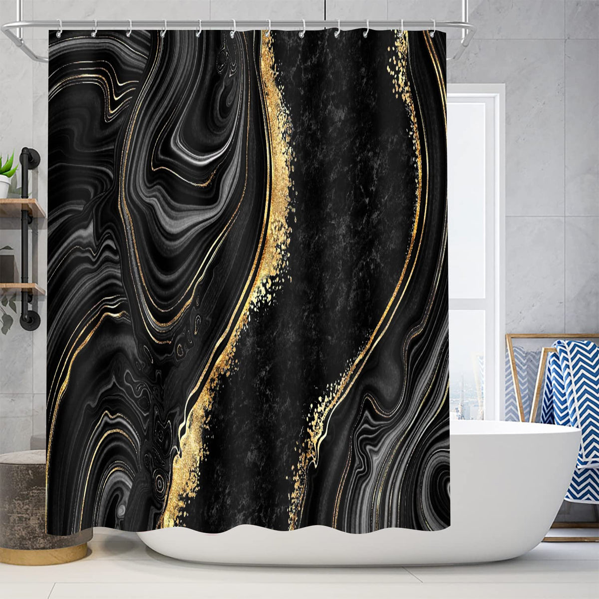 70.8"Black Marble Shower Curtain Sets Gold Shower Curtain Modern Abstract Waterproof Polyester fabric