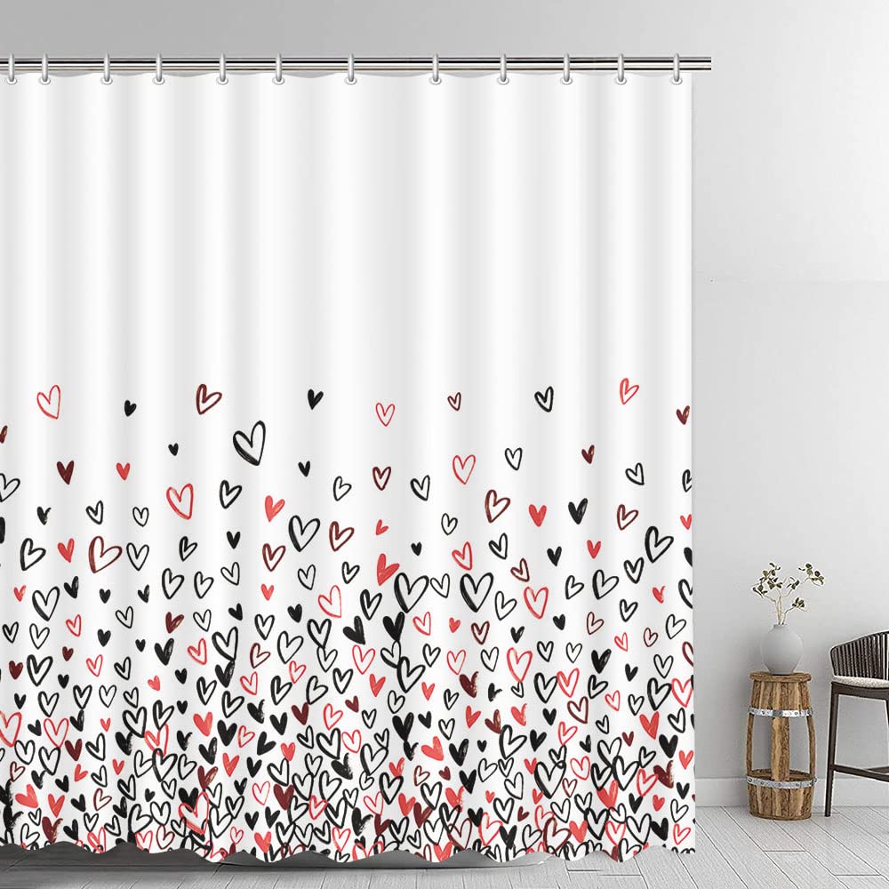 70.8" Black and Red Heart Shower Curtain for Bathroom Decorations, White Waterproof Polyester Shower Curtains