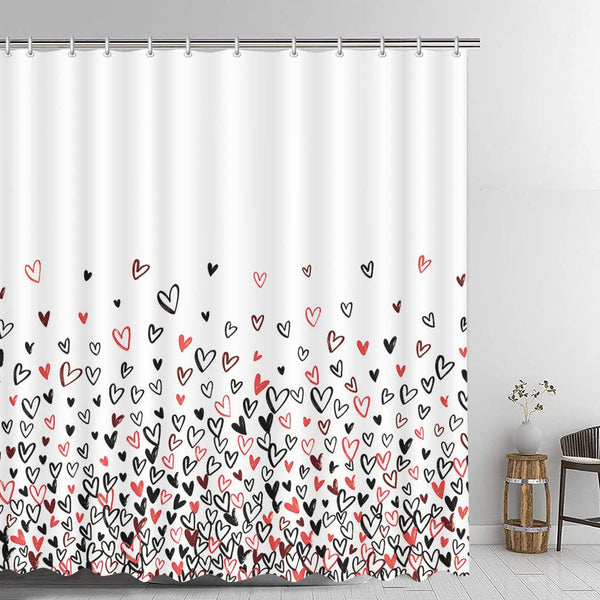 70.8" Black and Red Heart Shower Curtain for Bathroom Decorations, White Waterproof Polyester Shower Curtains
