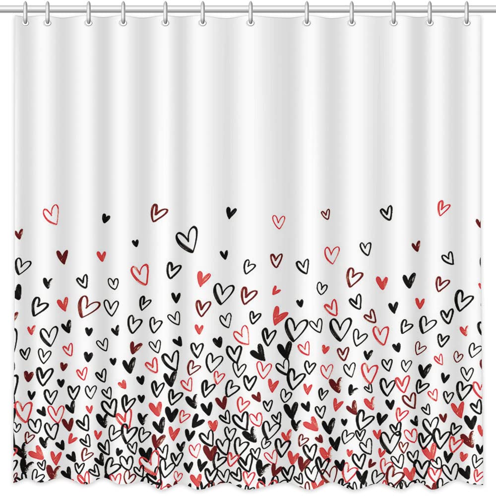 70.8" Black and Red Heart Shower Curtain for Bathroom Decorations, White Waterproof Polyester Shower Curtains
