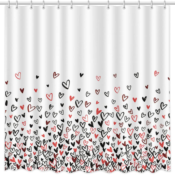 70.8" Black and Red Heart Shower Curtain for Bathroom Decorations, White Waterproof Polyester Shower Curtains