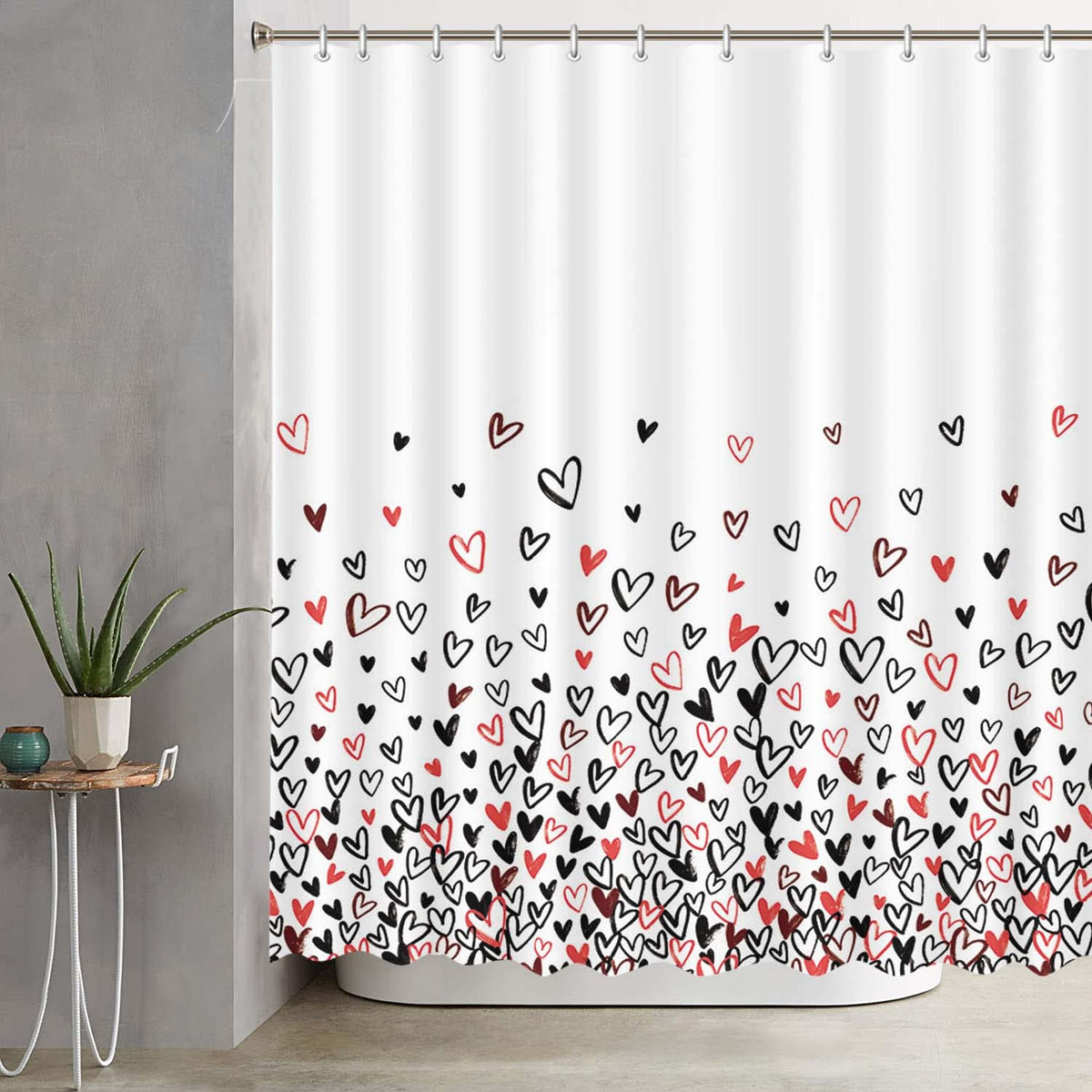 70.8" Black and Red Heart Shower Curtain for Bathroom Decorations, White Waterproof Polyester Shower Curtains