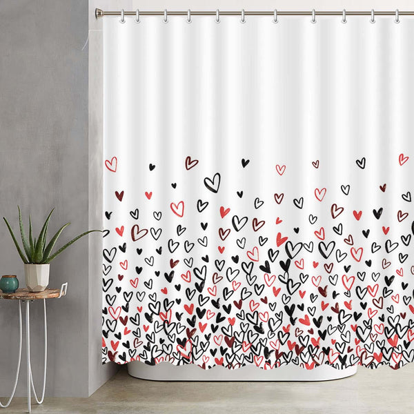 70.8" Black and Red Heart Shower Curtain for Bathroom Decorations, White Waterproof Polyester Shower Curtains