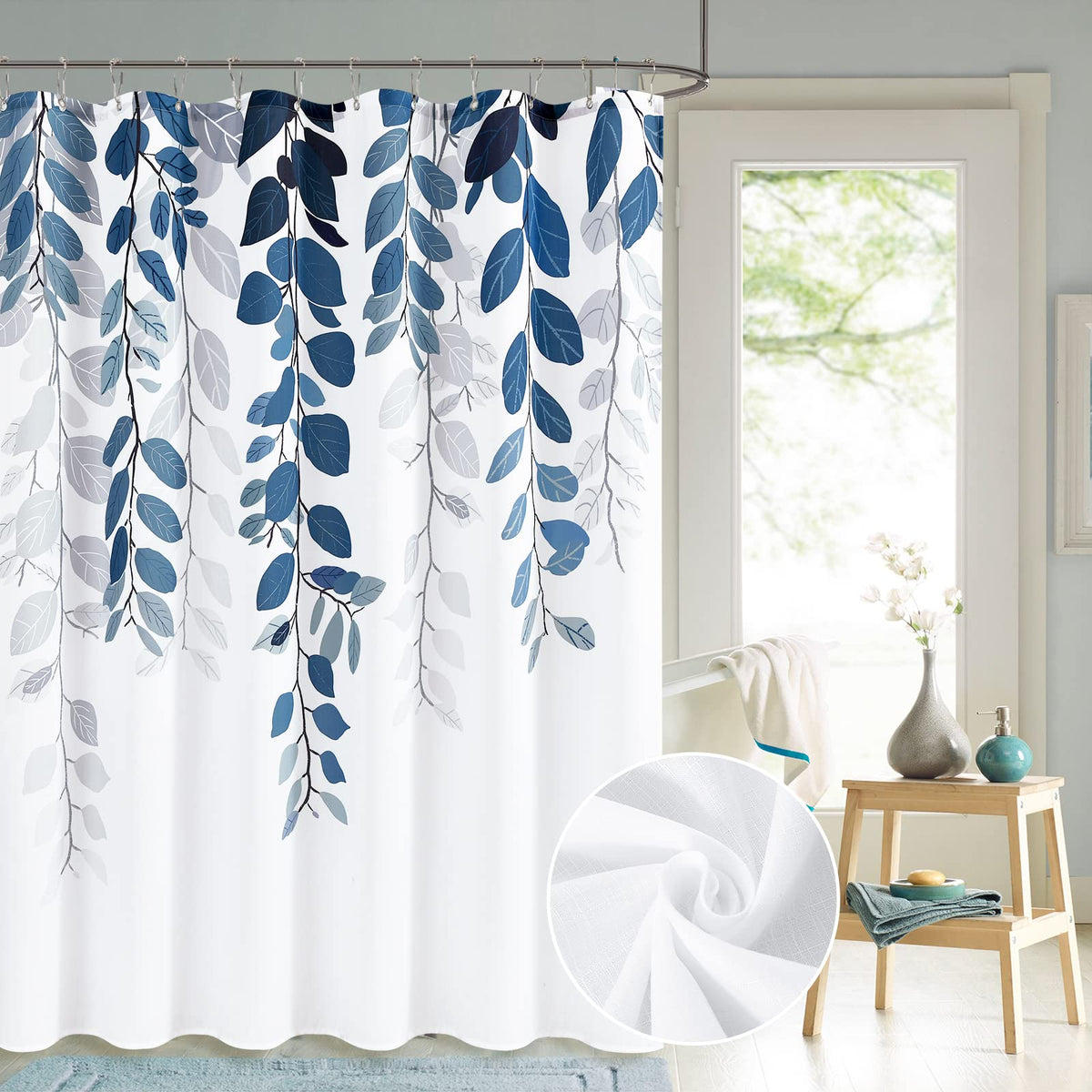 Blue Eucalyptus Shower Curtains, 70.8"Floral Watercolor Leaves on Top Shower Curtain Botanical Nature