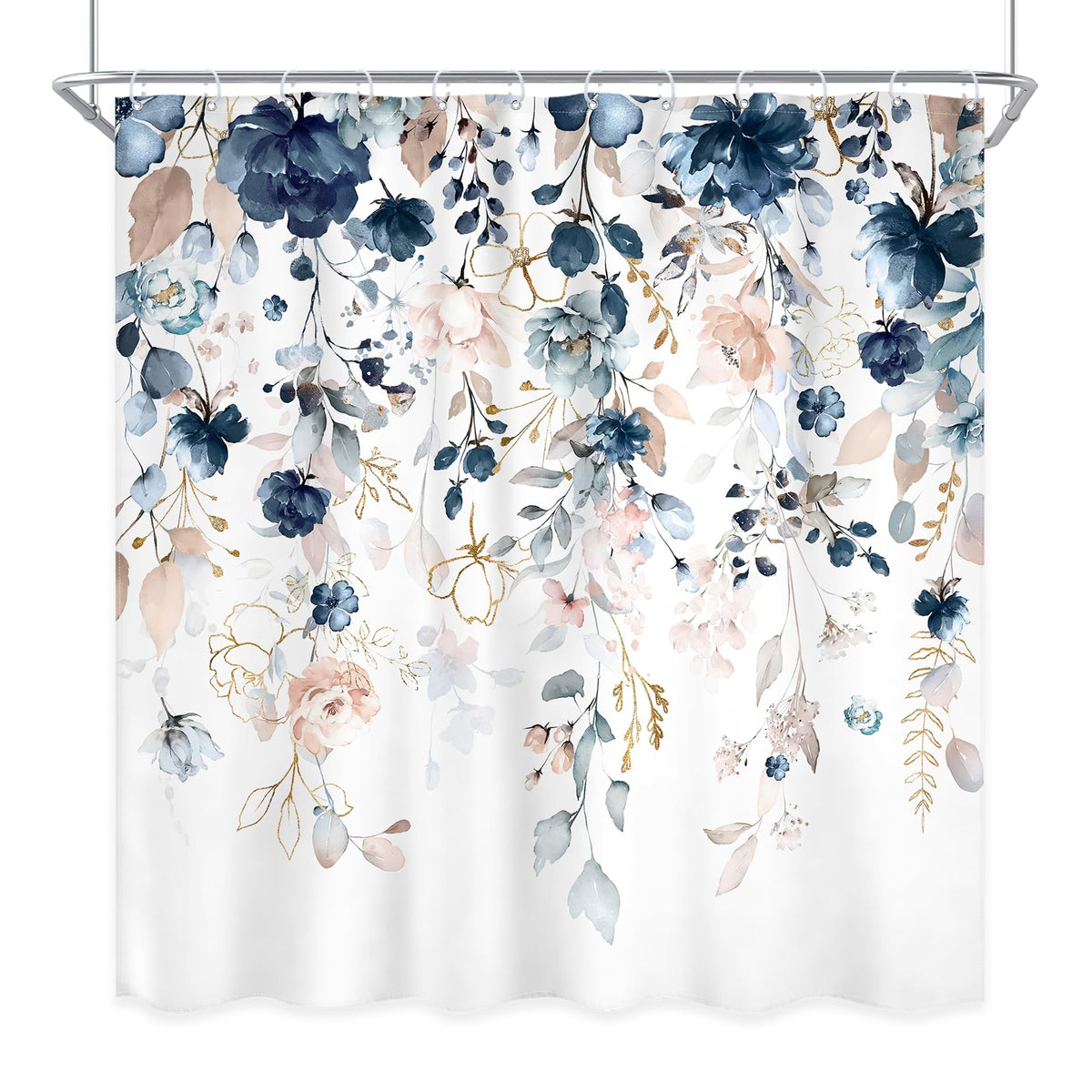 Blue Floral Flower Shower Curtain, 70.8"Cute Navy Flower Pastel Watercolor Plant Eucalyptus Leaf