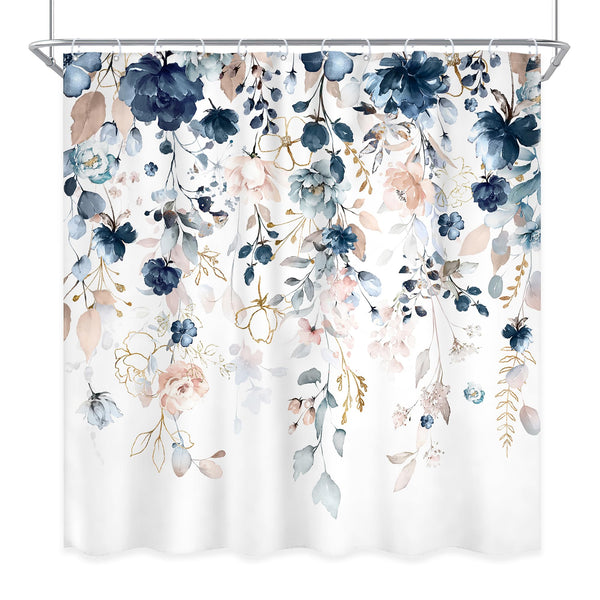 Blue Floral Flower Shower Curtain, 70.8"Cute Navy Flower Pastel Watercolor Plant Eucalyptus Leaf