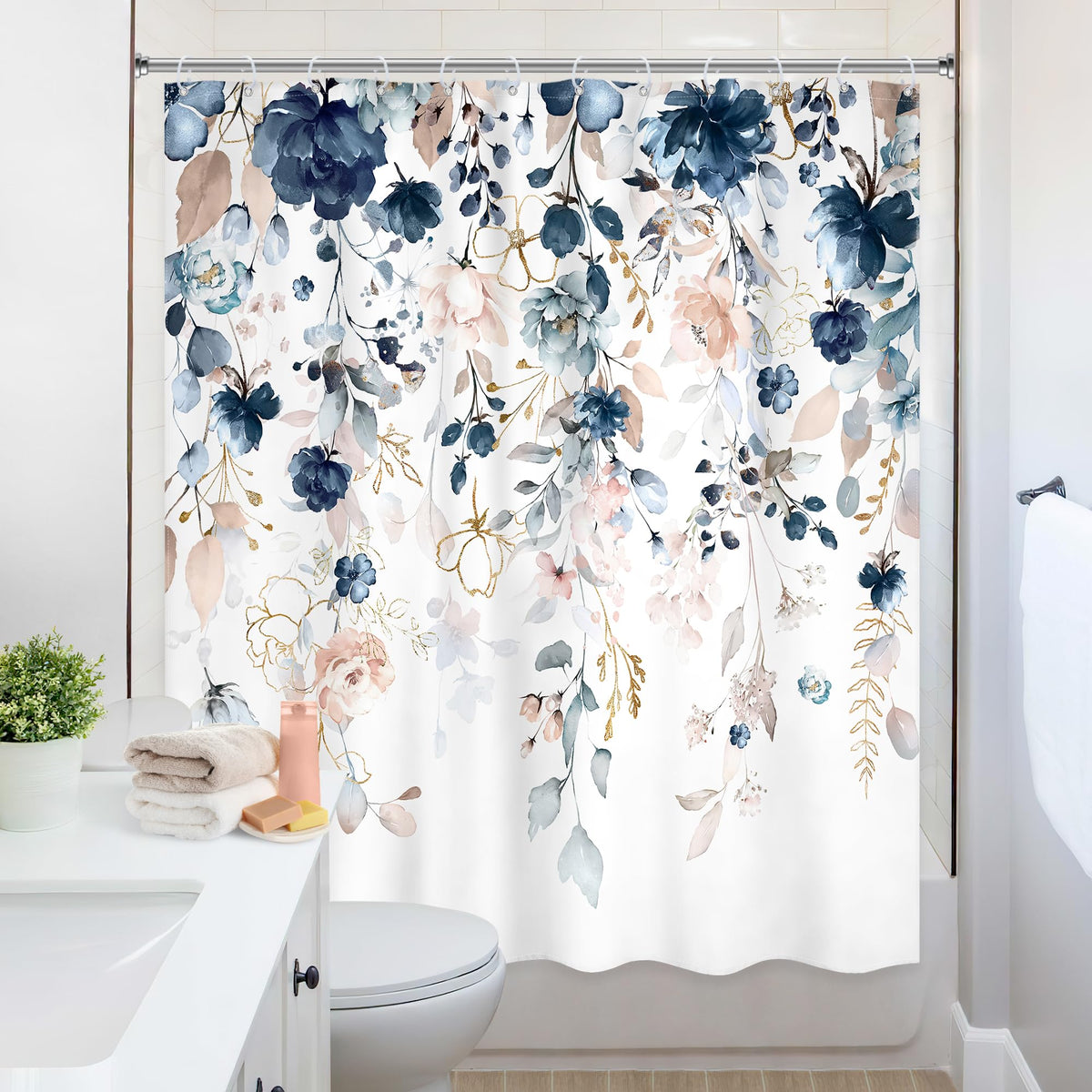 Blue Floral Flower Shower Curtain, 70.8"Cute Navy Flower Pastel Watercolor Plant Eucalyptus Leaf