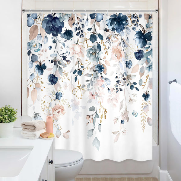 Blue Floral Flower Shower Curtain, 70.8"Cute Navy Flower Pastel Watercolor Plant Eucalyptus Leaf