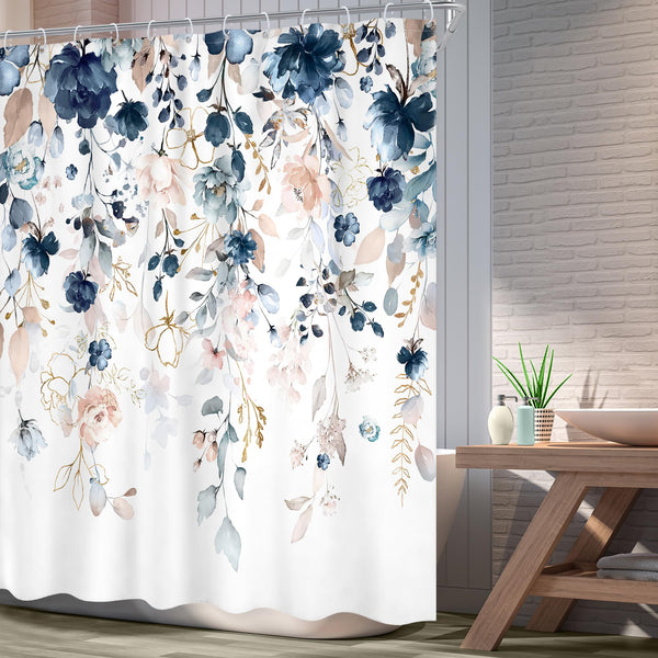 Blue Floral Flower Shower Curtain, 70.8"Cute Navy Flower Pastel Watercolor Plant Eucalyptus Leaf