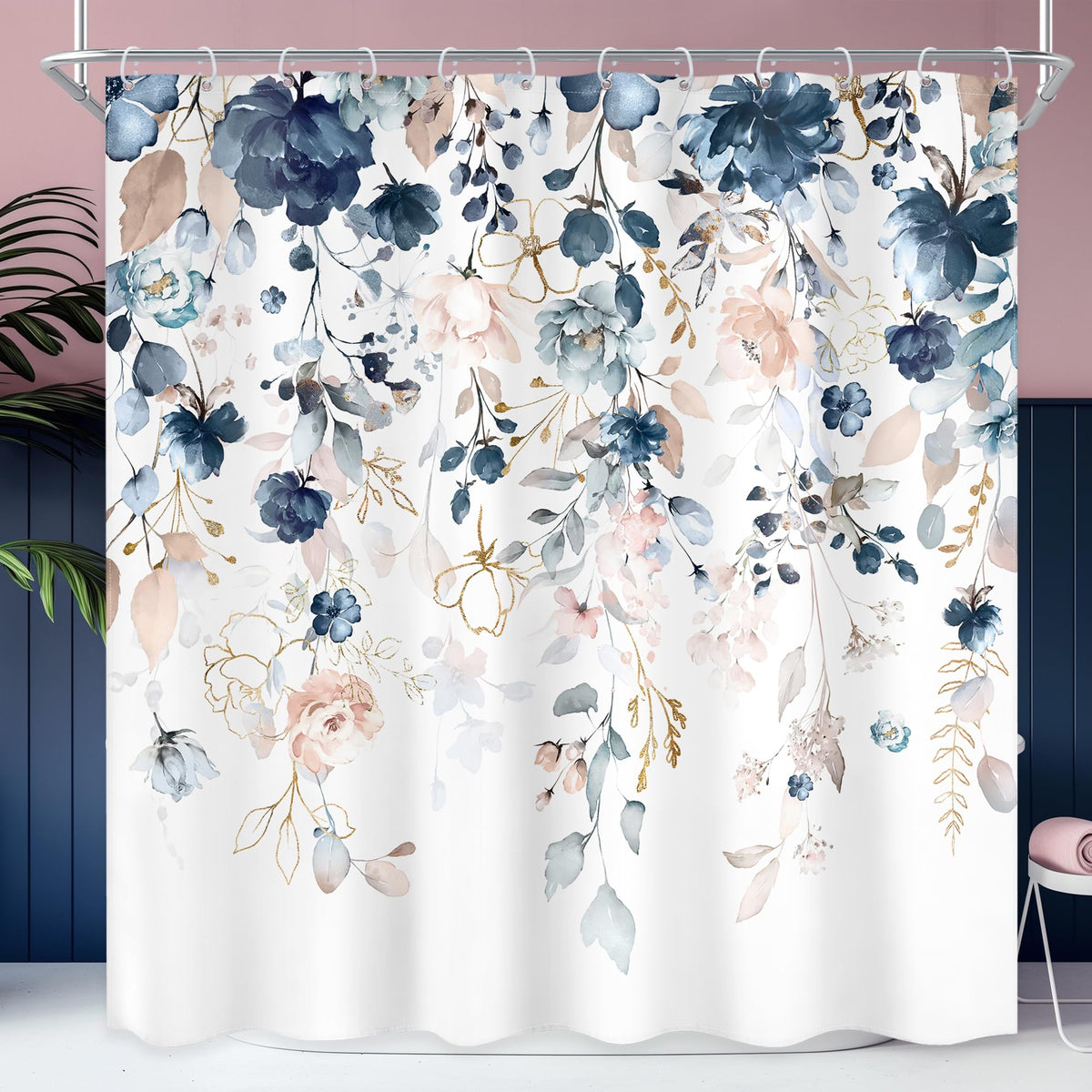 Blue Floral Flower Shower Curtain, 70.8"Cute Navy Flower Pastel Watercolor Plant Eucalyptus Leaf