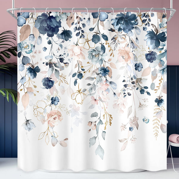 Blue Floral Flower Shower Curtain, 70.8"Cute Navy Flower Pastel Watercolor Plant Eucalyptus Leaf