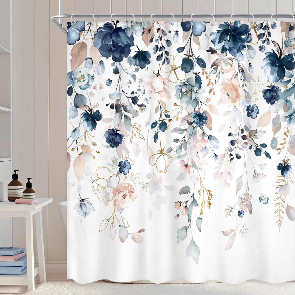 Blue Floral Flower Shower Curtain, 70.8"Cute Navy Flower Pastel Watercolor Plant Eucalyptus Leaf