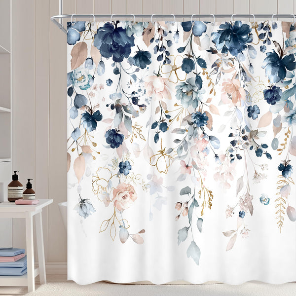 Blue Floral Flower Shower Curtain, 70.8"Cute Navy Flower Pastel Watercolor Plant Eucalyptus Leaf